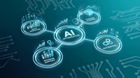 Artificial intelligence network with interconnected digital spheres displaying data analytics, charts, and technology icons on blue circuit background for business intelligence solutions.