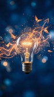 Glowing light bulb with explosive energy bursts and golden sparks against deep blue background, symbolizing innovation, creativity, and breakthrough ideas for business concepts.