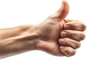Male hand showing thumbs up gesture against white background, isolated closeup view of positive approval sign, clean professional studio lighting.