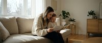 Young mother reading book with toddler son on beige sofa in bright living room. Cozy family bonding moment during daytime storytelling session at home.