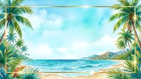 Tropical beach scene with palm trees framing turquoise ocean waters, sandy shore, and distant mountains under bright sunlight. Ideal for travel, vacation, and resort marketing materials.