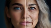 Young and aged female face split comparison showing aging process and time passage. Close up portrait with bright blue eyes and natural skin texture.