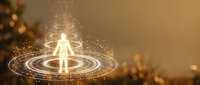 Glowing human figure surrounded by golden energy rings and light particles, symbolizing spiritual awakening, healing, and digital wellness concepts.