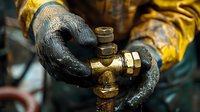 Gloved hands of maintenance worker adjusting brass pipe fitting valve at industrial facility. Close up view showing texture of protective equipment and metalwork.