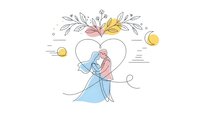 Romantic couple embracing under heart-shaped tree with colorful foliage in minimalist line art style for wedding invitations and love-themed designs.