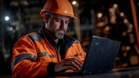 Mature construction worker in orange safety vest and hard hat working on laptop at night, industrial setting with bokeh lights in background.