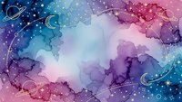 Cosmic watercolor galaxy background with planets, stars and nebula in purple, pink and blue tones for space-themed designs and astronomy projects.
