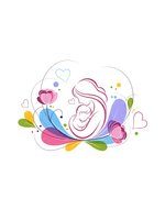 Tender mother and baby silhouette with colorful floral elements and hearts on white background for motherhood and family design projects.