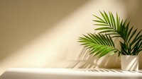Palm leaves in white ceramic pot casting dramatic shadows on beige wall, minimalist home decor composition with natural sunlight creating modern aesthetic.
