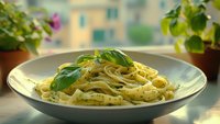 Creamy fettuccine pasta with fresh basil garnish served in white ceramic bowl by window with soft natural light and potted plants in background.