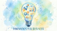 Watercolor lightbulb with business innovation symbols including rocket, gears and charts on colorful blue green background for startup concepts.