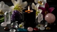 Spiritual wellness setup with burning candle, healing crystals, gemstones and white lily flowers for meditation and relaxation practices.