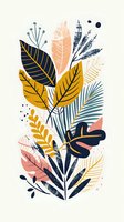 Modern botanical composition with stylized leaves and branches in navy blue, mustard yellow, and coral pink on light background, featuring textured elements.