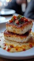 Pan-seared sea bass fillets stacked with fresh herb and tomato garnish, served on creamy sauce with crispy bacon bits, elegant restaurant presentation.