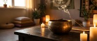 Aromatic incense burning in ornate metal bowl creates peaceful meditation atmosphere with warm candlelight and cozy home interior setting for relaxation.
