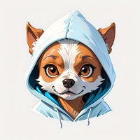 Smiling chihuahua puppy wearing light blue hoodie, cartoon style portrait on isolated background. Cute pet character design for merchandise and prints.
