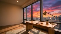 Modern office workspace with wooden desk overlooking dramatic sunset cityscape through floor-to-ceiling windows, contemporary interior design for corporate and professional environments.