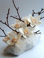 Delicate white orchids arranged on natural gray stone against light background, creating zen-like composition for spa, wellness, and meditation designs.