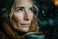 Middle-aged Caucasian woman with blonde hair drinking hot beverage on cold winter evening with steam and bokeh lights creating cozy atmospheric mood.