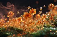 Magical macro photography of orange mushrooms with water droplets and smoke in mystical forest setting, creating ethereal natural atmosphere.