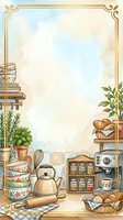 Watercolor kitchen scene with gold frame border, featuring herbs, spice jars, bowls, kettle, and bread, with copy space for recipes.
