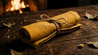 Rolled parchment tied with twine rests on weathered wood surface with glowing fireplace in background, suitable for historical, adventure, and fantasy design projects.