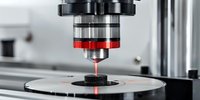 Precision laser cutting machine in operation with red beam cutting metal surface in modern industrial manufacturing facility for automated production processes.