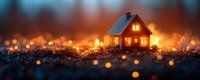 Glowing miniature house with warm light in windows against dark background with magical bokeh lights creating cozy atmosphere for holiday designs.