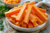 Fresh raw carrot sticks cut into long strips served on white ceramic plate with parsley garnish, healthy vegetable snack on wooden cutting board.
