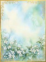 Watercolor floral frame with white flowers and gold border on soft blue green background for wedding invitations and greeting cards.