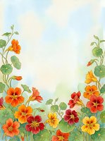 Watercolor nasturtium flowers in orange, red and yellow with green leaves on soft blue background, copy space for text or greeting card.