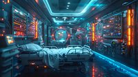 Futuristic car manufacturing facility with advanced robotic assembly line, glowing neon lights, and automated machinery for automotive production and industrial design.