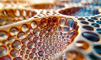 Abstract macro photography of oil and water mixture creating honeycomb pattern in orange and blue tones. Artistic close-up reveals natural surface tension patterns.