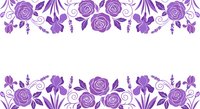 Purple floral border frame with roses, leaves and decorative swirls on white background. Elegant botanical design for wedding invitations and greeting cards.