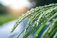 Fresh palm fronds covered in morning dew drops against blurred natural background, creating serene macro photography effect with bokeh and water spheres.