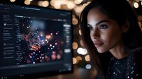Young professional woman data scientist analyzing complex network visualization on computer screen in modern office environment with bokeh lights.