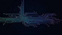 Futuristic circuit board pattern with glowing neon lines on dark background for technology and digital innovation concepts.