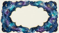 Cosmic galaxy frame with swirling nebula clouds, stars and moons on isolated white background for celestial design projects and space-themed graphics.