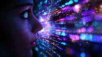 Female profile illuminated by glowing digital code stream with purple and blue bokeh lights, representing artificial intelligence and technology advancement.