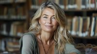 Confident middle-aged woman with blonde wavy hair and natural makeup smiling warmly in library setting, wearing casual olive top. Professional portrait for business or lifestyle content.