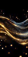 Luminous golden and silver waves with sparkling particles flow against black background, creating magical light trails and bokeh effect for luxury designs.