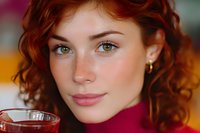Young woman with red curly hair and green eyes wearing burgundy turtleneck sweater holds glass of tea, natural makeup and soft smile on face.