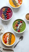 Colorful smoothie bowls with fresh berries, nuts and seeds arranged on marble surface for healthy breakfast and nutrition lifestyle.