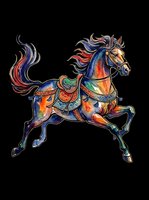 Colorful watercolor galloping horse with ornate saddle, isolated on transparent background, ready for t-shirts, stickers, sublimation, and print on demand designs.
