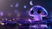 Adorable glowing purple mushroom character with sparkling effects and bokeh lights on reflective surface for fantasy designs and children's content.