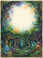 Enchanted forest frame with gnarled trees, magical woodland entrance, and glowing light. Ornate Celtic border design with vibrant flora, mushrooms, and mystical atmosphere. Ready for fantasy artwork, book illustrations, and decorative projects.