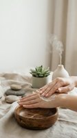 Woman applying moisturizer cream on hands during spa treatment with succulent plant and aromatherapy diffuser in serene wellness setting.
