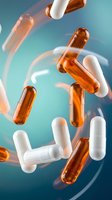 Orange and white pharmaceutical capsules floating in motion against blue gradient background for medical and healthcare design concepts.