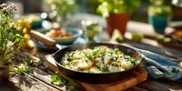 Herb-crusted potatoes in cast iron skillet on rustic wooden table with fresh herbs and colorful dinnerware for outdoor dining and cooking.
