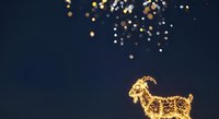 Silhouette of a goat made from golden glowing particles and bokeh lights against a dark navy background, suitable for festive celebrations, holiday designs, and decorative projects.